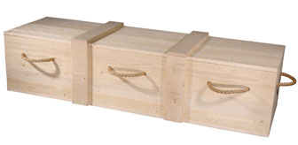 Houten grafkist Houten grafkist met handgrepen van touw